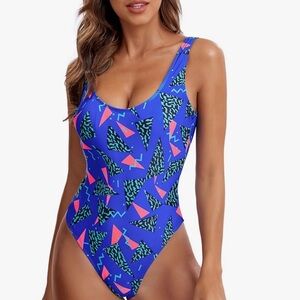 Vibrant Blue Retro Geometric One Piece Swimsuit